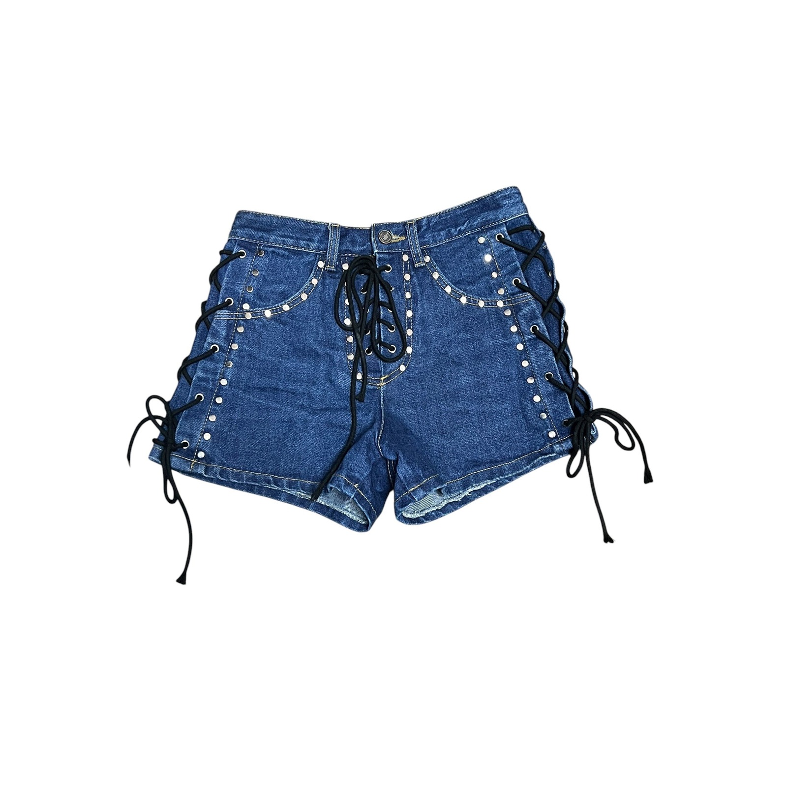 Stylenanda Jean Shorts Womens Small Blue Lace Up Studded Denim Edgy Festival Y2k